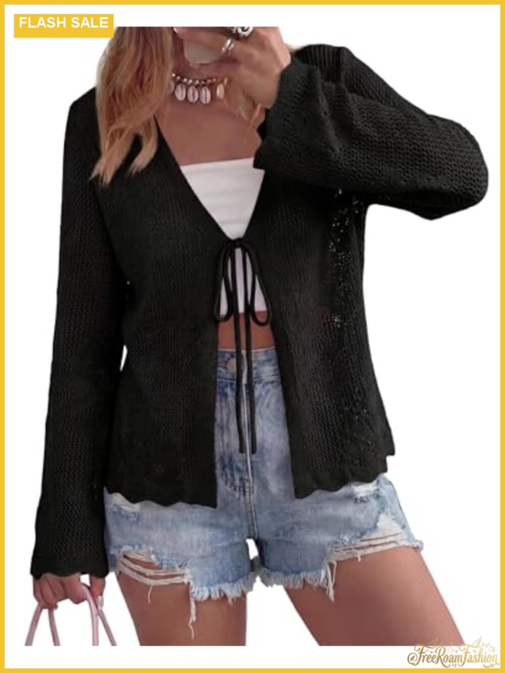 Crochet Cardigan for Women Lightweight Knit Bell Sleeve V-Neck Tie Front